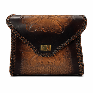 Sac à bandoulière vintage en cuir véritable de vachette, artisanal, résistant à l'eau, avec bouton, motif floral sculpté, style western - Product Image 1