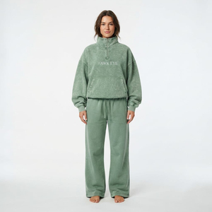 Conjunto de chándal de dos piezas para mujer con efecto acid wash, sudadera oversize con cremallera de un cuarto y pantalones de chándal holgados, estilo casual urbano - Product Image 5