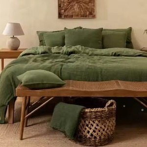 Green Washed Linen <b>Duvet</b> Cover <b>Set</b> 3-Piece Solid Bedding with 2 <b>Pillow</b> Shams Eco-Friendly - Product Image 3