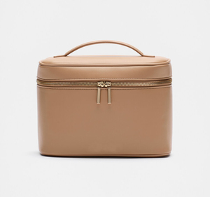Leather Cosmetic Case <b>Medium</b> Size Zipper Closure Elegant Style Soft Handle Travel Makeup Bag <b>Brown</b> Color - Product Image 3