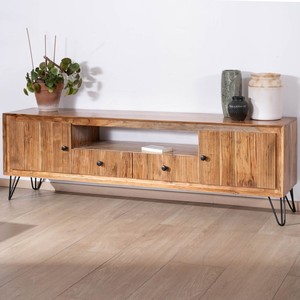 Meuble TV grand format Vandana Silver Texture 195 cm en bois d'acacia avec façades embossées et pieds en métal Wendy - Product Image 3