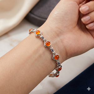 Vintage 925 Sterling <b>Silver</b> Carnelian Geometric Link Design Bezel Set Orange Gemstone Women's AAA Quality Gift Party Everyday - Product Image 2