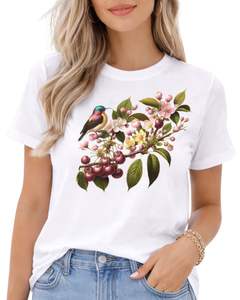 T-shirt personnalisé blanc pour femme avec motif floral cerisier et oiseau, en coton doux, à manches courtes, décontracté, imprimé floral vintage, idéal pour l'été - Product Image 1