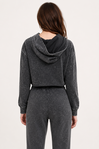 Women's Acid Wash Cropped Hoodie with Quarter Zip Long Sleeves Raw Hem and Relaxed Streetwear Fit - Product Image 2