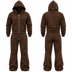 Unisex <b>Brown</b> Full Zip Hooded Tracksuit <b>Set</b> Solid Color Casual Sweatpants With Side Pockets Autumn Wear Regular Fit - Product Image 1