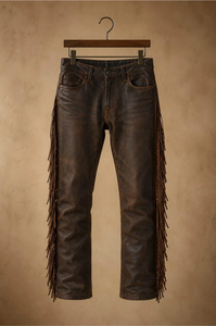 Pantalon en cuir marron pour homme, taille haute, coupe droite, avec pompons, style motard, fermeture boutonnée, pour l'automne - Product Image 6