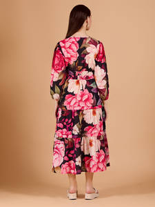 Vestido Ecológico con Estampado Floral Negro, Corte Evase, Cuello en V, Manga Tres Cuartos Tipo Campana, Largo Midi, Cintura Natural, Dobladillo Evase para Mujer - Product Image 2