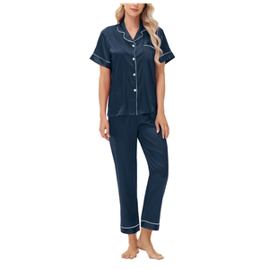 Ensemble pyjama en satin pour femmes, manches courtes, boutonné, col cranté, pantalon long, couleur rouge unie, vêtements de détente, 2 pièces - Product Image 3