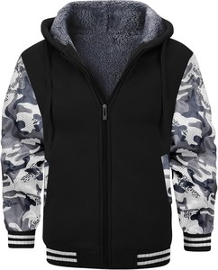 Sudadera con Capucha y Cremallera para Hombre 2026, Forro Polar, Manga Camuflaje, Corte Regular, Estilo Casual para Otoño, Color Negro con Patrón Azul y Blanco - Product Image 2