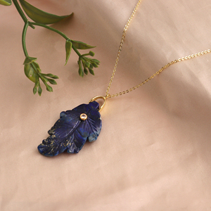 Lapis Lazuli Leaf Carved Clear CZ Bezel Setting Charm Necklace 18K Gold Plated <b>Cable</b> Chain Handmade Gemstone Pendant Jewelry - Product Image 4
