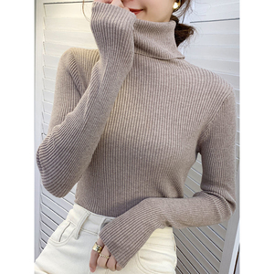 Jersey de mujer personalizado, suéter de cuello alto, Otoño, manga larga, ajustado, elástico, coreano, Top básico, color caqui sólido, talla única, nuevo, barato - Product Image 1