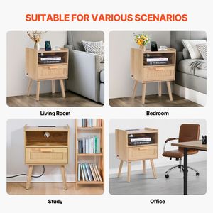 Comodino Boho in Rattan con Gambe in Legno e Ripiano Aperto, Assemblato - Product Image 6