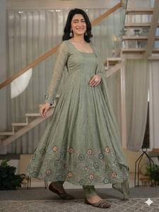 Modern Pastel <b>Green</b> Flared Anarkali Gown Suit for Women Floral Embroidery Border Work Full Sleeve Indian Party & Wedding Wear - Product Image 6