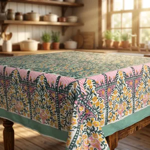 Teal Floral <b>Printed</b> Tablecloth With Pink Border And Traditional <b>Botanical</b> Motifs Hand block Rectangle Cotton Table Cloth Decor - Product Image 5
