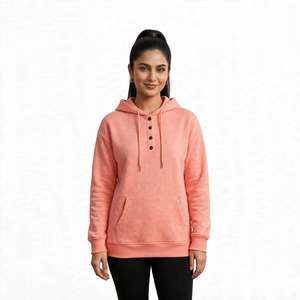 Sweat-shirt à capuche en molleton boutonné sur le devant pour femme - Pull Henley surdimensionné avec poche kangourou, fabricant de marques privées - Product Image 2