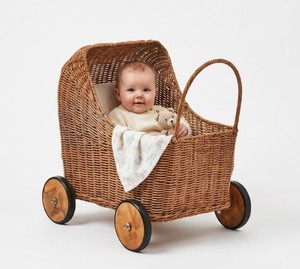 Carrito de Mimbre Tejido a Mano con Ruedas de Madera, Cesta de Juguete para Bebé, Cesta Decorativa para Guardar Objetos en la Habitación Infantil, Guardería - Product Image 5