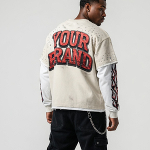 T-shirt Y2K personnalisé de qualité supérieure, motif crâne d'astronaute surdimensionné, manches doubles, strass, streetwear, fournisseur de marque privée SHH - Product Image 4