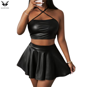Halter Neck Fully Customized Women's Club Wear 2 Piece PU <b>Leather</b> Set-High Quality Quick Dry & Durable OEM Service - Product Image 2