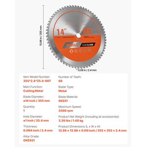 Lama per Sega Circolare da 14 Pollici con 66 Denti in Lega Affilati, Foro da 1 Pollice, Finitura Fine per Taglio Metalli - Product Image 5