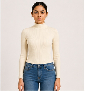 Top de algodón acanalado de cuello alto para mujer, de excelente calidad, elástico, de manga larga, para invierno, a precio directo de fábrica, ropa de invierno para mujer - Product Image 5