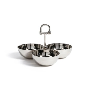 Bol de service à condiments de luxe en métal à 3 compartiments avec poignée en forme de mors de cheval, finition polie, idéal pour les hôtels, les bars et les plateaux de service. - Product Image 2