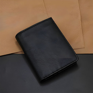 Vertical Zipper Pocket Leather <b>Wallet</b> For <b>Men</b> Black Natural Crinkle Texture <b>Slim</b> Bifold Design Multi Credit Card Holder Purse - Product Image 1