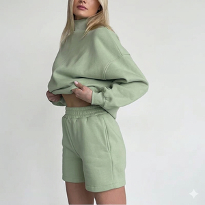 Women's Green Fleece Turtleneck Shorts <b>Set</b> Regular Fit Casual Solid Color Two Piece Sweatshirt Shorts Outfit Winter Eco-Friendly - Product Image 3