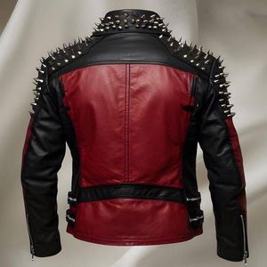 This is a black and <b>red</b> punk-style biker <b>jacket</b> adorned with numerous silver studs and spikes - Product Image 2