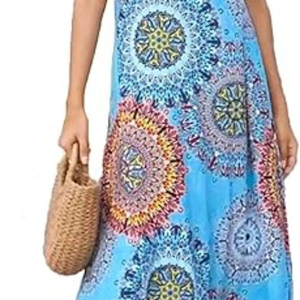 Women's Spring Summer Halter <b>Neck</b> Floral Printed Sleeveless A-Line Sexy Casual Breathable Midi Dresses for Fashion - Product Image 6
