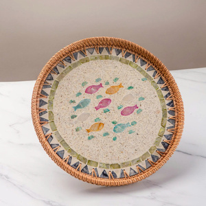 <b>Round</b> mother-of-pearl inlaid <b>tray</b> for holding glasses. A serving <b>tray</b> for the family kitchen,Fish pattern - Product Image 3