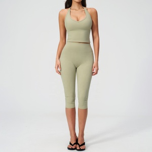 Deep V neck yoga set Racerback <b>crop</b> <b>top</b> pants High waist flared yoga pants Seamless breathable yoga wear - Product Image 5