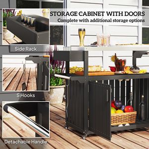 Carrello Bar da Esterno in Acciaio Inossidabile con Ruote e Isola Cucina in HDPE per Preparazione Cibo, Piano Nero - Product Image 6