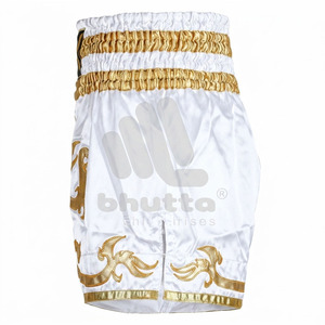 Shorts de Muay Thai Premium Blanc Or, Professionnels en Satin, Unisexe, Broderie Personnalisée, Respirants, Coupe Ample, MMA - Product Image 4