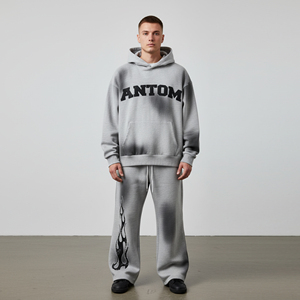 Ensemble survêtement gris oversize pour homme, coupe ample, streetwear, sweat-shirt et pantalon en coton à manches longues avec imprimé flamme - Product Image 2