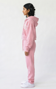 Conjunto de chándal con capucha y cremallera para mujer, de algodón, con sudadera corta y pantalones de chándal apilados, conjunto de chándal oversize para mujer, forro polar de 400 GSM - Product Image 3