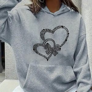 Sweat-shirt à capuche unisexe surdimensionné avec imprimé cœur en strass gris, vêtement décontracté pour l'automne - Product Image 3