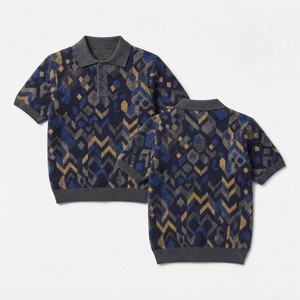 Pull tricoté géométrique pour femme, manches courtes, col rond, boutonné, décontracté, 100 % polyester, anti-plis, qualité supérieure, pour l'automne - Product Image 1
