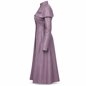 Abrigo Largo de Cuero Morado con Detalle de Capa, Hecho a Medida, Servicio de Fabricación de Ropa para Mujer - Product Image 4