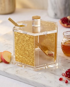Elegant Modern Judaica Honey Dish Lid Spoon Acrylic Hexagon Design Celebrating Rosh Hashanah Sweet Traditions - Product Image 3