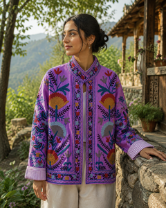 เสื้อแจ็คเก็ตกำมะหยี่สีม่วงหรูหรา ลายดอกซูซานี ปักมือสไตล์โบโฮ งานฝีมือชั้นเยี่ยม เสื้อคลุมตัวนอก แห้งเร็ว สไตล์บูติก - Product Image 2