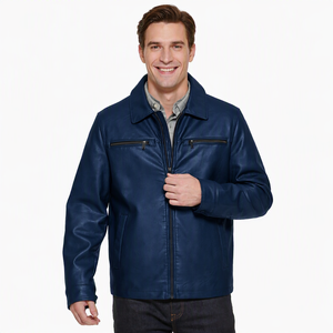 <b>Men's</b> Green Leather <b>Jacket</b> Turn-down Collar Zipper Closure Moto Biker Style Autumn Outerwear Slim Fit Regular Sleeve - Product Image 4