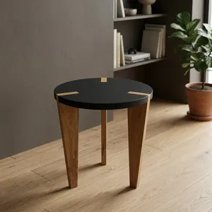 Modern <b>Round</b> <b>Side</b> <b>Table</b> With Wooden Legs <b>Black</b> Top Minimalist Design Living Room Furniture Handmade Wood Frame - Product Image 1