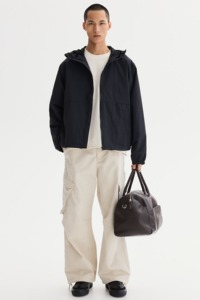 Men's Navy Hooded Blouson <b>Jacket</b> Zipper Closure Casual Style Windproof Polyester Autumn Wear - Product Image 5
