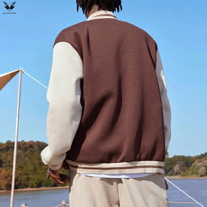 OEM ODM Men's Brown Varsity Jacket Fleece Cotton Blend Casual Button Front Regular Fit Autumn Outerwear For Wholesale Rate - Product Image 2
