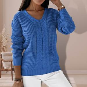 Pull-over élégant et ample pour femme, col en V, tricoté, avec logo contrastant sur le devant, haute qualité, fournisseur du Bangladesh - Product Image 2