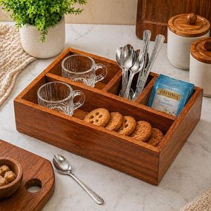 Wood Tea Bag Organizer <b>Box</b> With Handle 6 Compartment Countertop Storage Tray for Coffee Station - Product Image 2