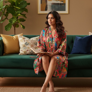 Robe Kimono en Coton Imprimé Artistique à Manches Longues avec Ceinture, Peignoir Léger pour la Détente, Robe de Chambre en Coton pour Spa - Product Image 5