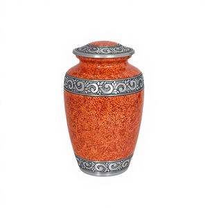 Urna Funeraria Artesanal para Cenizas, de Metal Sólido, Color Naranja Óxido, Urna para Adultos, Urna Clásica Color Naranja Atardecer con Banda Plateada y Bolsa de Terciopelo - Product Image 1