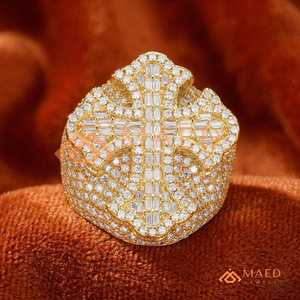Solid Gold Men's Moissanite Cross <b>Ring</b> <b>Iced</b> Out Baguette Hip Hop Statement Band Luxury Jewelry Gift for Men - Product Image 3
