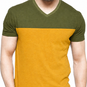 T-shirt homme col V bicolore très demandé, vert olive et jaune, manches courtes - Product Image 2
